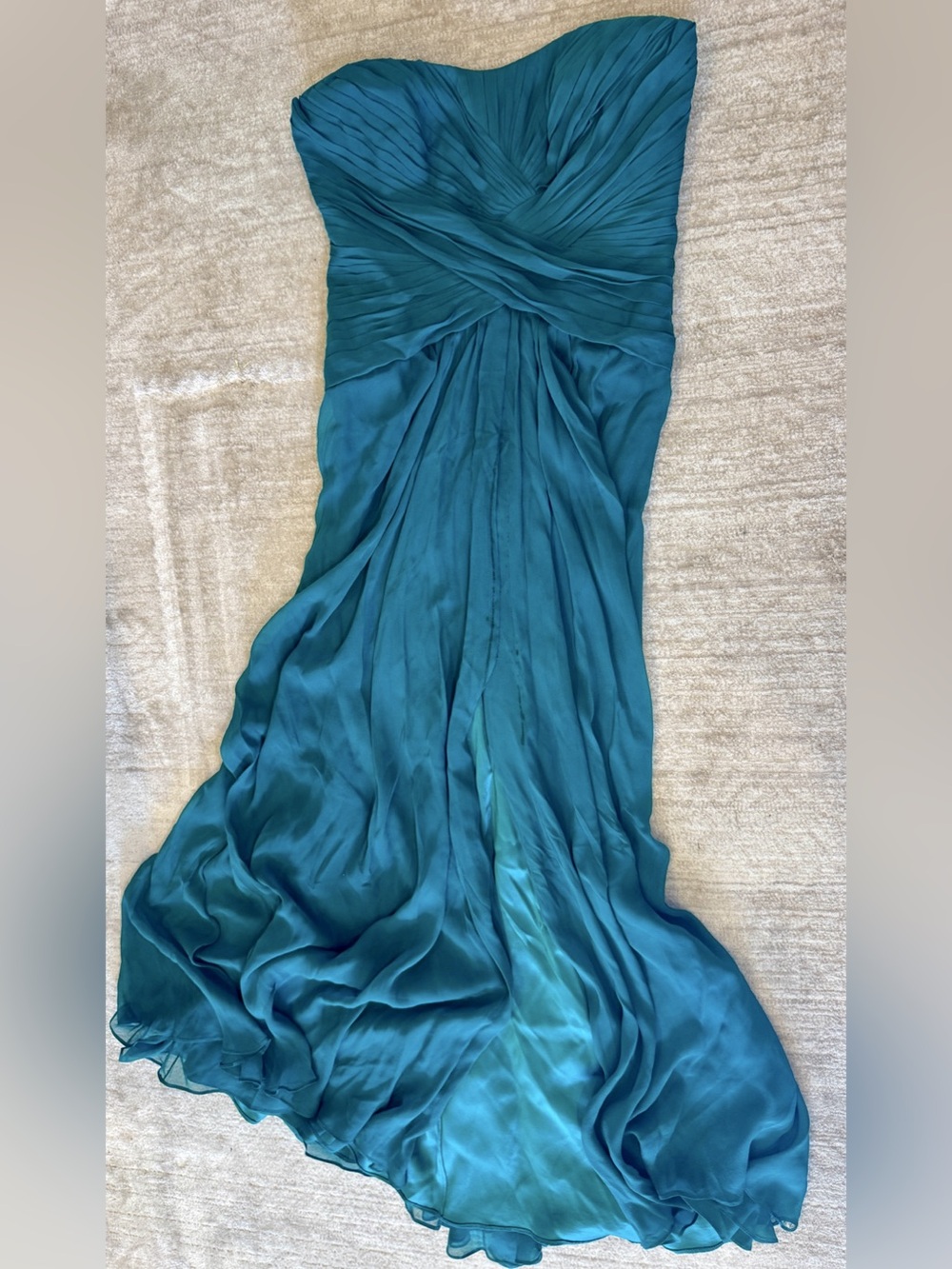 Monique Lhuillier Strapless Draped Silk Chiffon Gown Blue/Green Silk Size 12